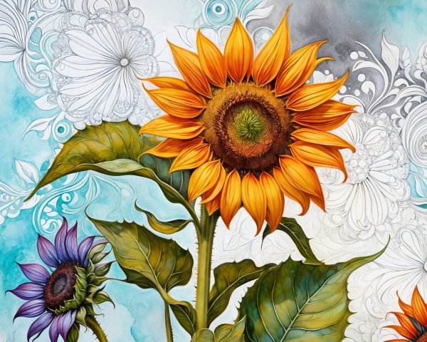 Vibrant sunflower with orange petals and lush greenery