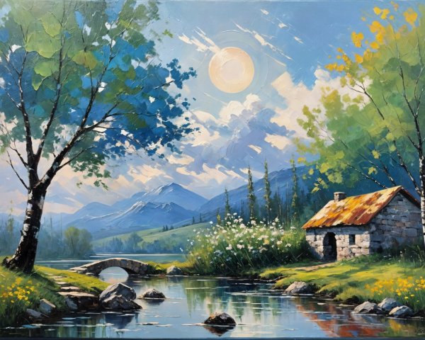 Serene Landscape with River, Cottage, and Mountains
