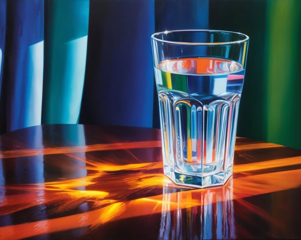 Glass of Water on Polished Wooden Table with Colors