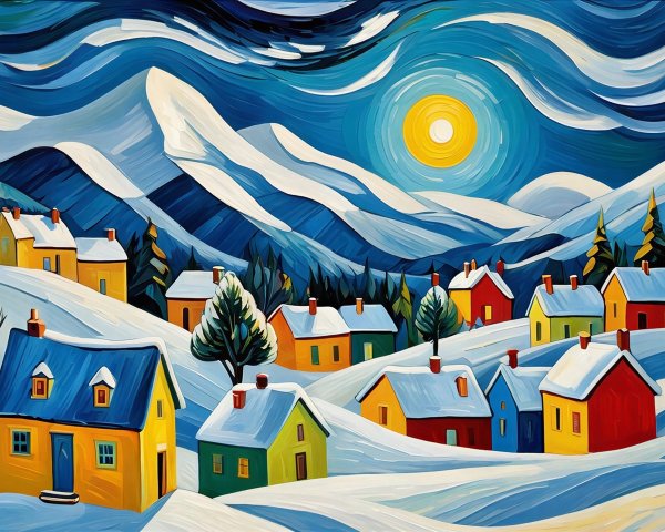 Vibrant Painting of Snowy Village and Mountainscape