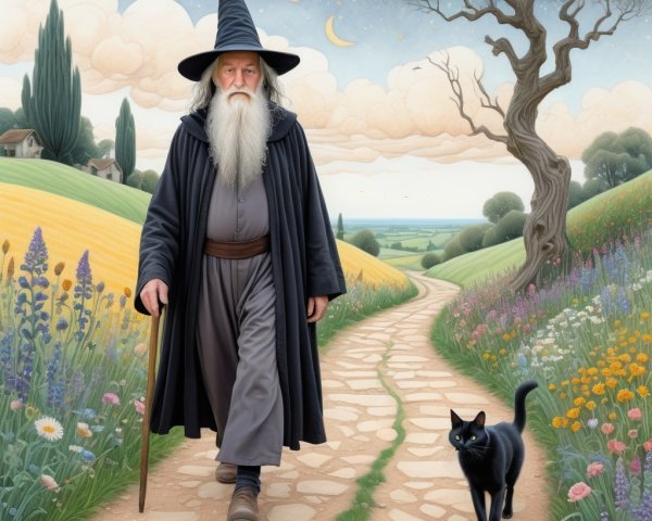 Wizard with Cat on Pathway Surrounded by Wildflowers