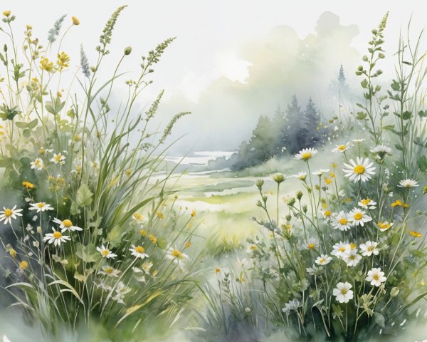 Serene Watercolor Landscape of Lush Meadow and Wildflowers