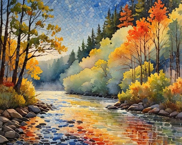 Autumn River Scene with Colorful Foliage Reflections