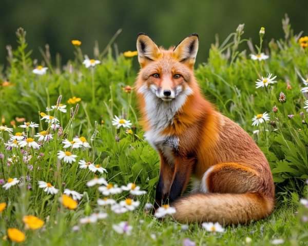 Red Fox Among Colorful Wildflowers in Natural Setting