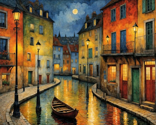 Tranquil Night Scene of a Colorful Canal and Houses
