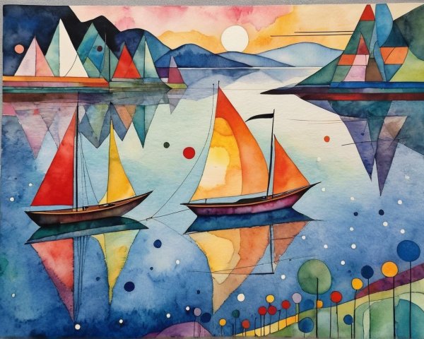 Vibrant Watercolor of Sailboats on a Serene Lake