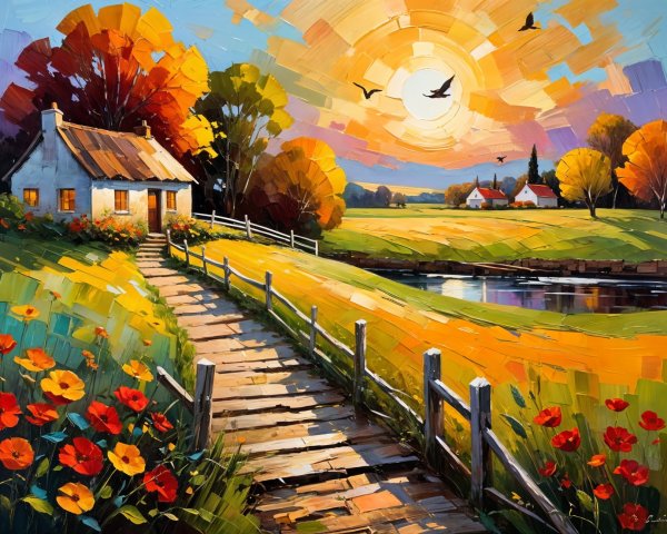 Cozy Cottage in Vibrant Autumn Landscape with River