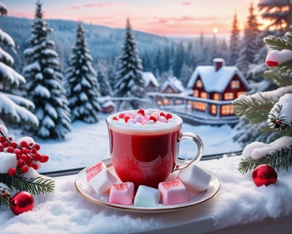 Cozy Winter Scene with Hot Cocoa and Cabin View
