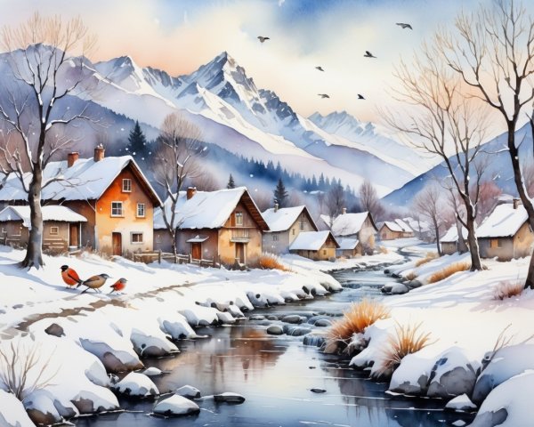 Serene Winter Landscape with Snowy Houses and Mountains