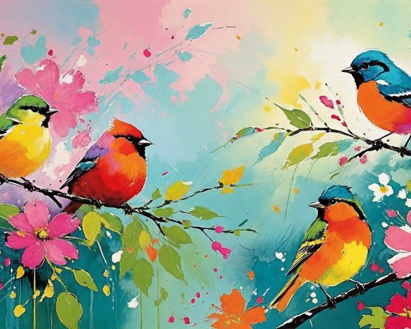 Vibrant Painting of Colorful Birds and Flowers