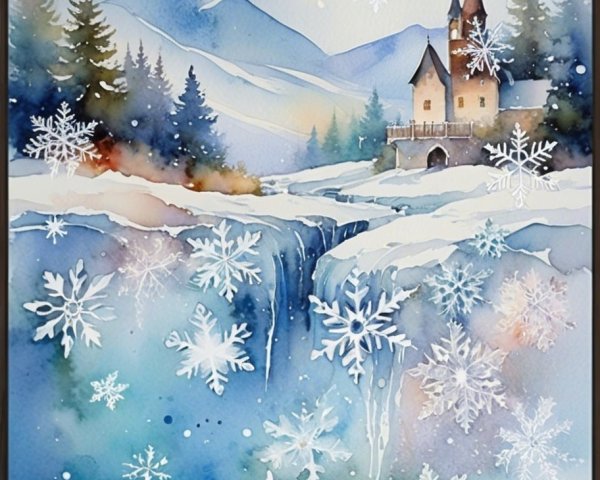 Serene Winter Landscape with Castle and Waterfall