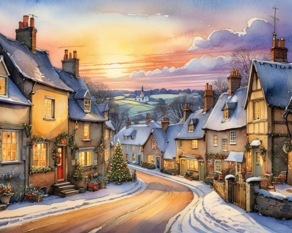 Winter Village Scene at Sunset with Cozy Houses