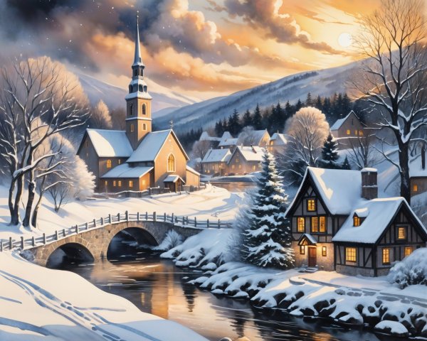 Winter Village Scene with Snow-Covered Cottages