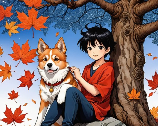 Child and Corgi Under Tree with Fall Leaves