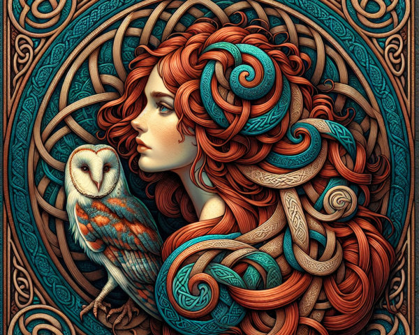 Woman with Red Hair and Turquoise Patterns in Art