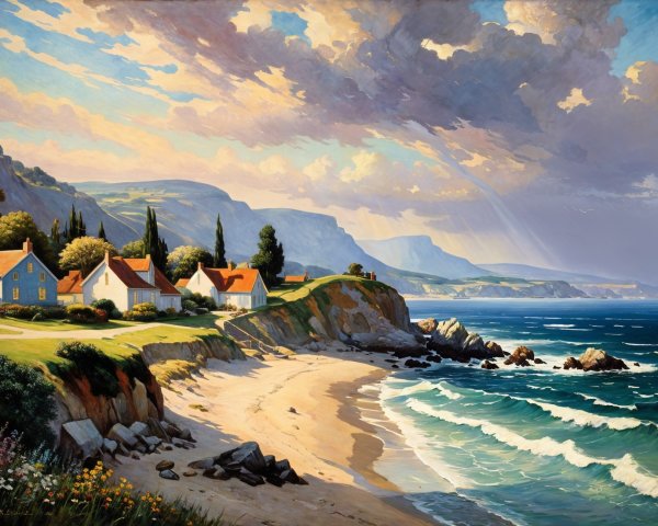 Coastal Scene with Beach, Cottages, and Mountains