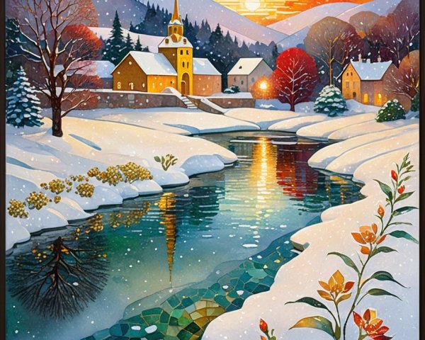Winter Village Landscape with Snow and Sunset Reflections