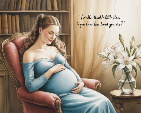 Pregnant Woman in Vintage Chair Surrounded by Books