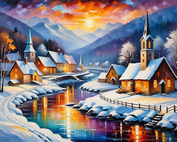 Impressionistic Painting of a Snow-Covered Village