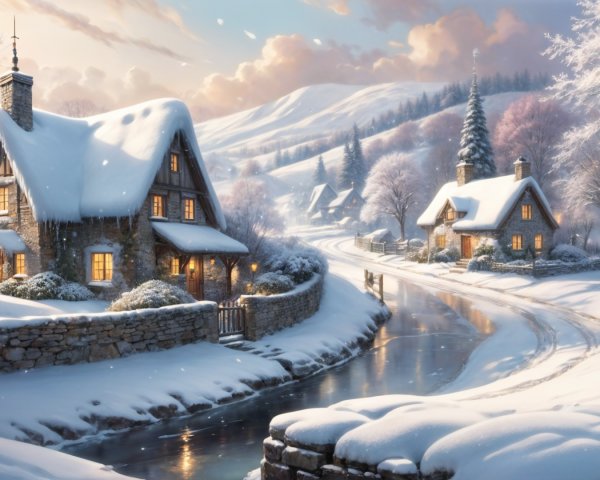 Winter Scene with Snowy Cottages and River