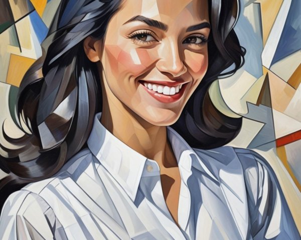 Stylized portrait of a woman with black hair and smile