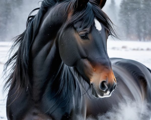 Majestic Black Horse in Serene Snowy Landscape