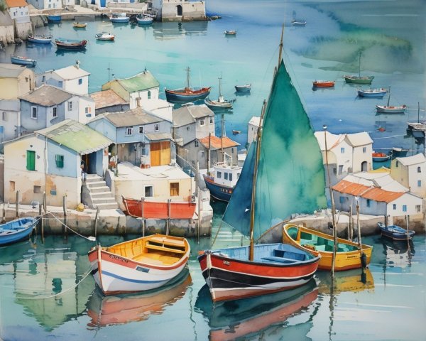 Serene Harbor Scene with Colorful Fishing Boats