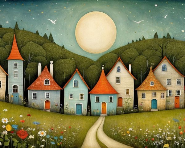 Whimsical Landscape with Colorful Houses and Moonlight