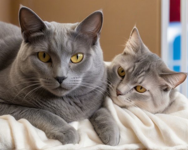 Two Cats Resting Together on a White Blanket