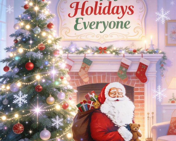 Festive Christmas Scene with Santa and Decorated Tree