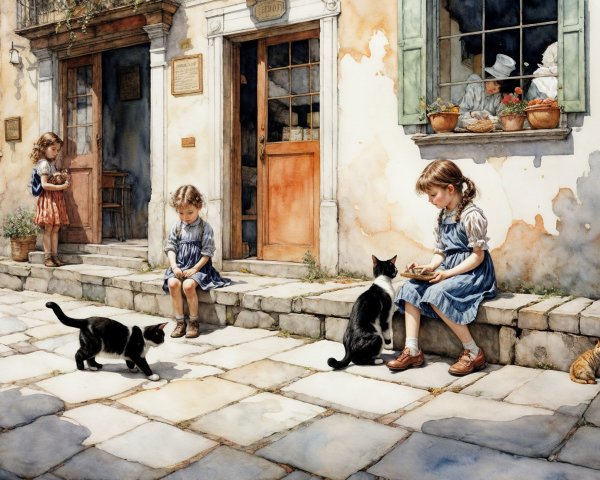 Village Scene with Girls, Cats, and Quaint Buildings