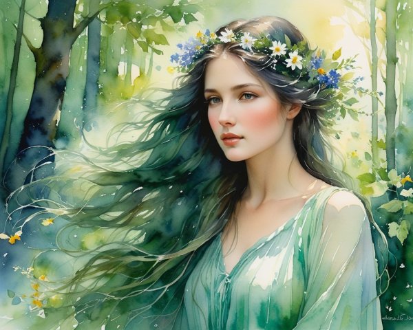 Serene Young Woman in Lush Forest with Floral Crown