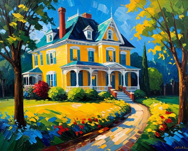 Victorian House Surrounded by Lush Greenery and Flowers