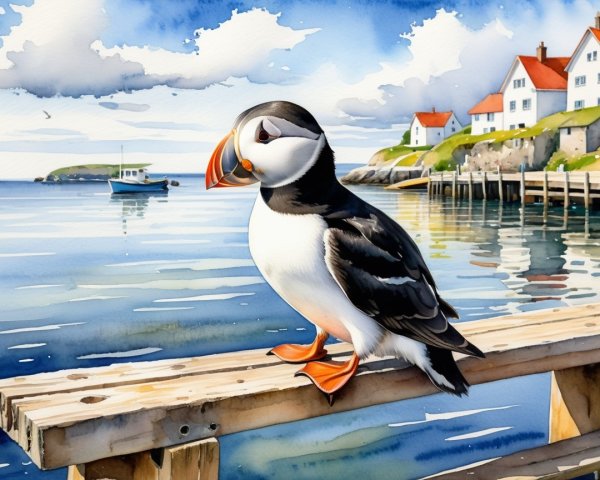 Puffin on Railing with Seascape and Coastal Houses