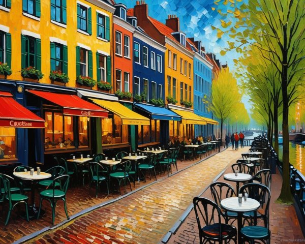 Vibrant street with colorful buildings and outdoor cafés