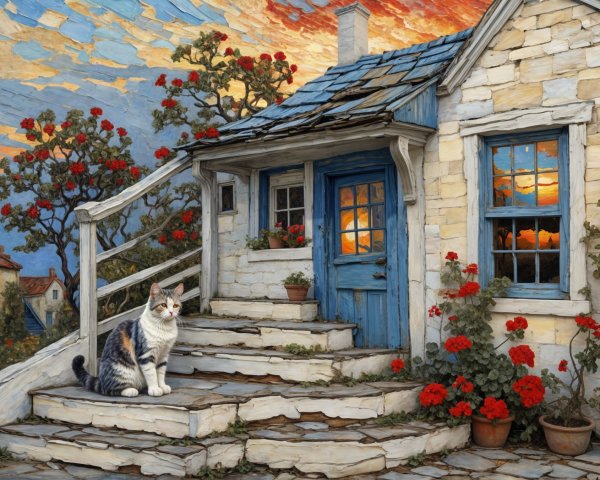 Charming Cottage with Sunset Sky and Cozy Cat