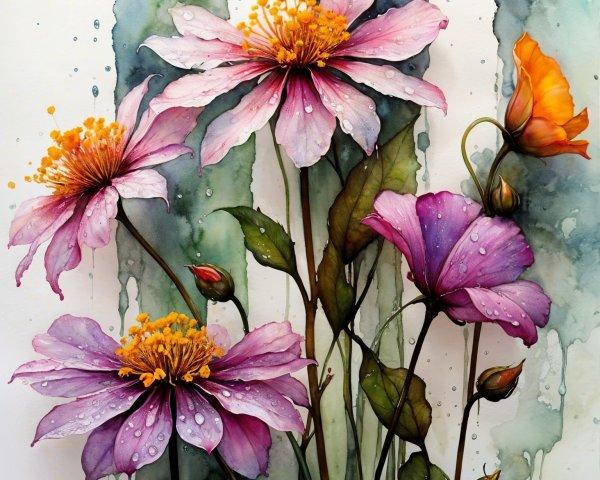 Vibrant Watercolor Painting of Pink and Purple Flowers