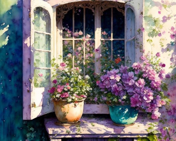 Charming Window Overlooking a Vibrant Garden Scene