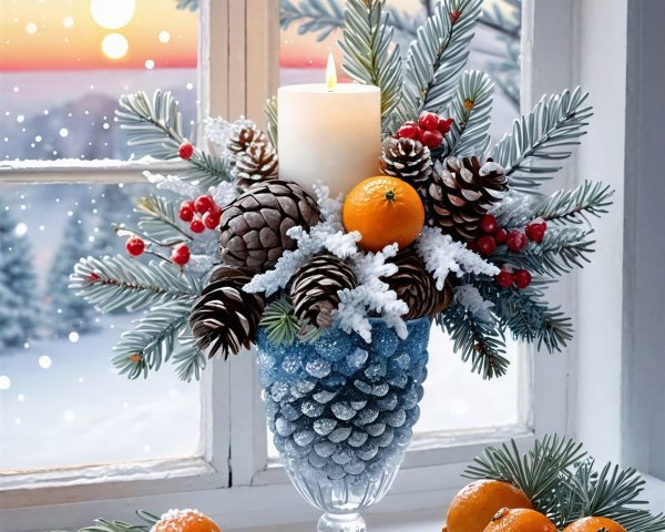 Candle Centerpiece in Winter Wonderland Scene