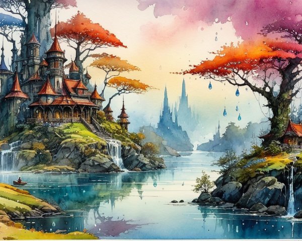 Whimsical Landscape with Castle and Autumn Foliage