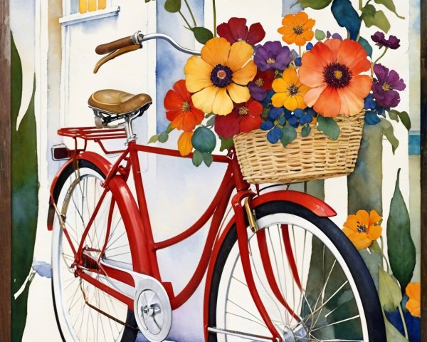 Vibrant Red Bicycle with Flowers by a Charming House