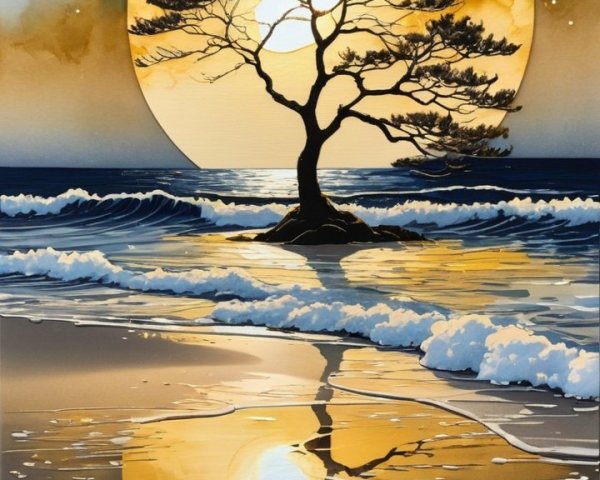 Twilight Beach Scene with Moon and Silhouetted Tree