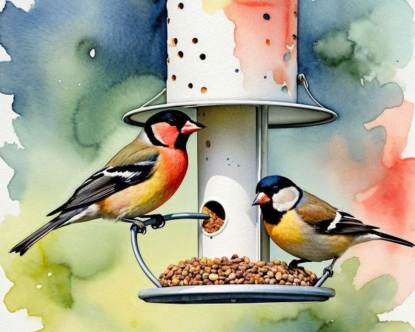 Goldfinches on a Seed Feeder in a Colorful Setting