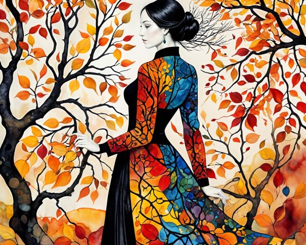 Woman in Long Gown Surrounded by Autumn Foliage
