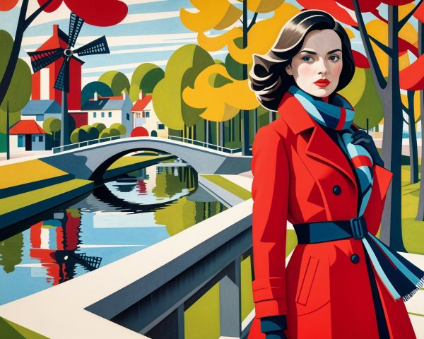 Woman in Red Coat by Scenic Canal with Autumn Colors