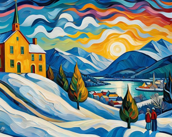 Vibrant Winter Landscape with Colorful Church and Sky