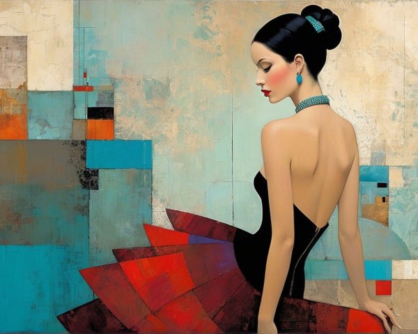 Stylish woman in black dress with vibrant skirt