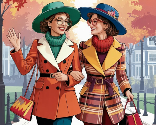 Cheerful Women in Stylish Outfits on Autumn Day