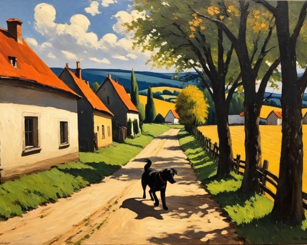 Serene Countryside Scene with Cottages and Dog