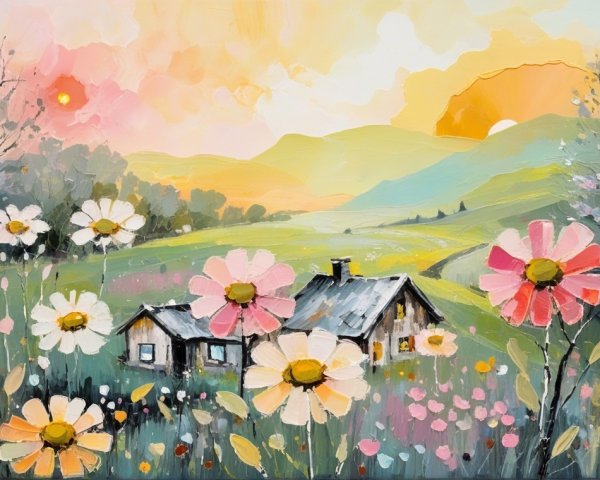 Serene Landscape with House and Colorful Flowers